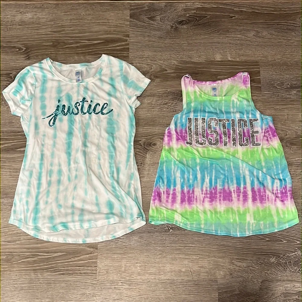 Lot of 2 Justice Rie Dye Glitter Logo Shirts T shirt & tank top